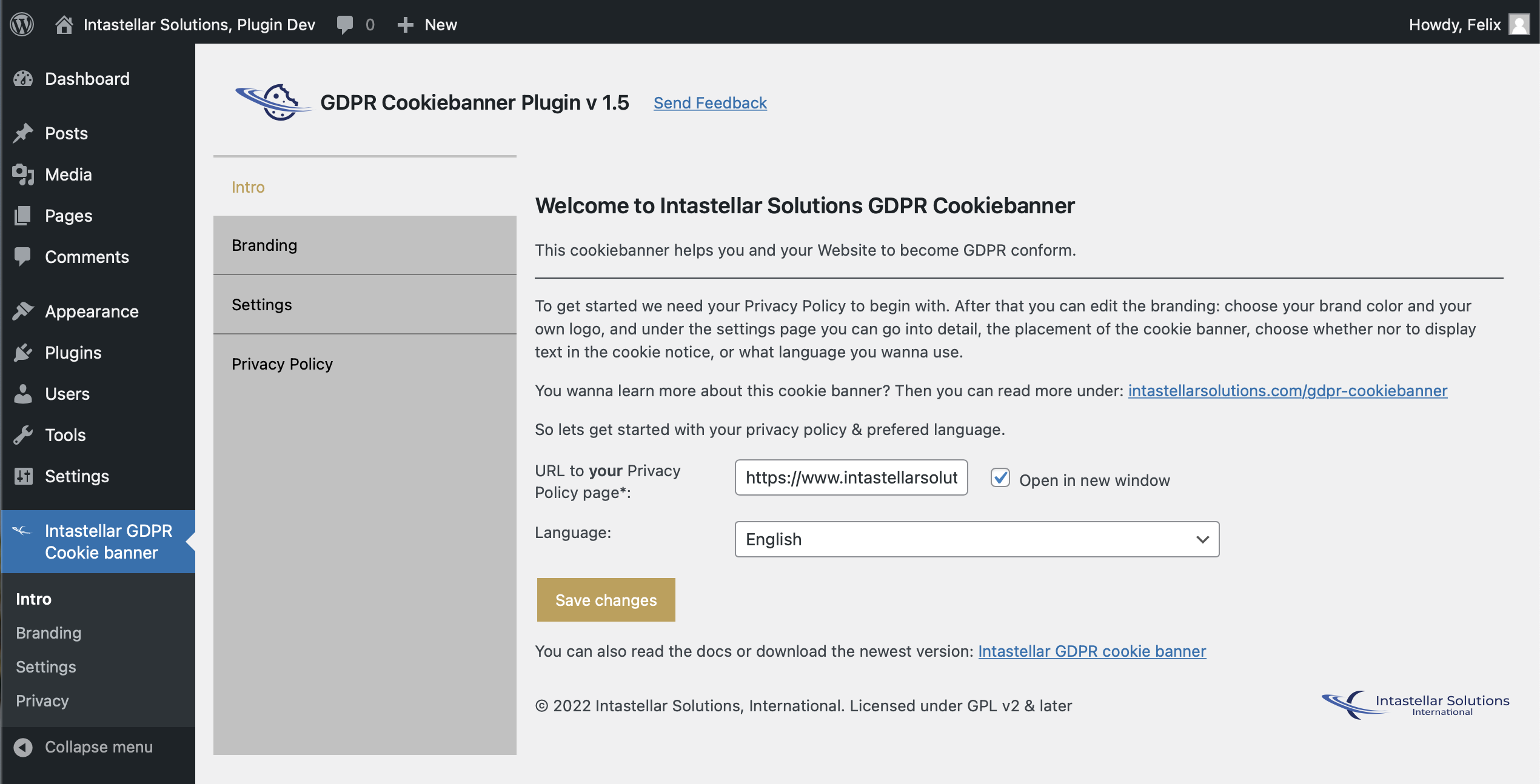 Wordpress Admin panel for Intastellar Solutions´ GDPR Cookiebanner